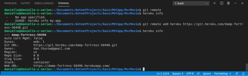 Here I show I initially have no remotes, heroku doesn’t know what app I’m talking about. I add the damp-fortress-50496 git remote URL, and heroku now understands what app I want info on.
